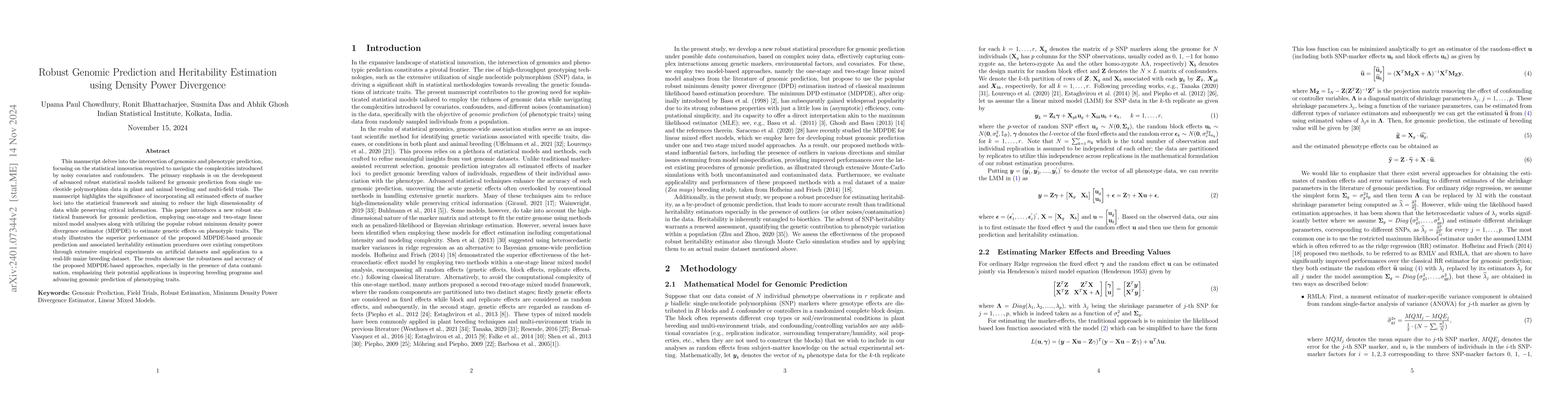 Thumbnail for Robust Genomic Prediction and Heritability Estimation using Density
  Power Divergence