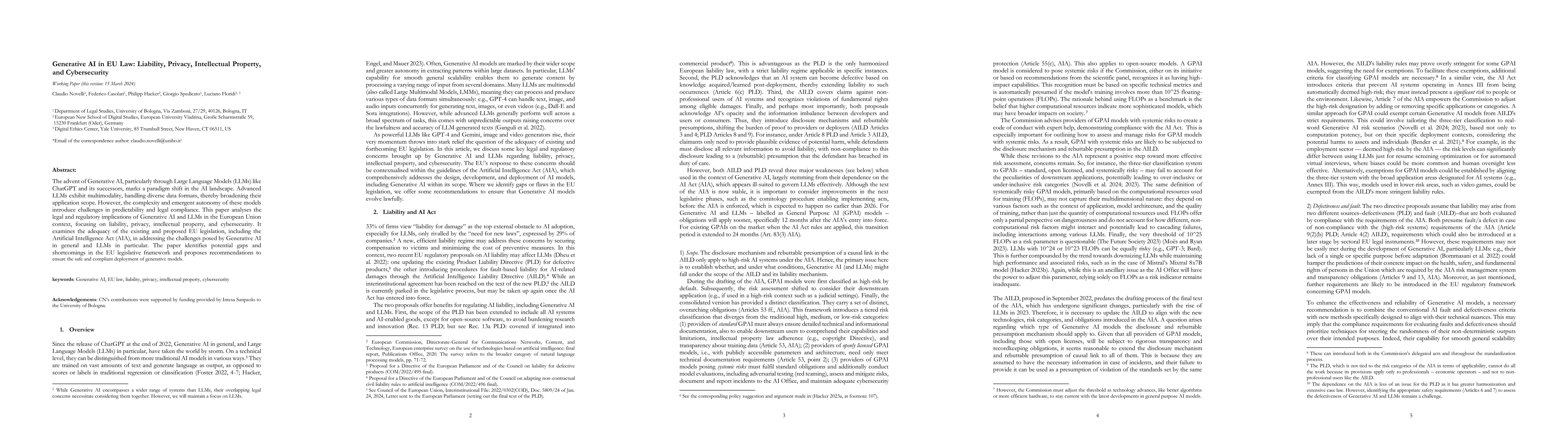 Thumbnail for Generative AI in EU Law: Liability, Privacy, Intellectual Property, and
  Cybersecurity