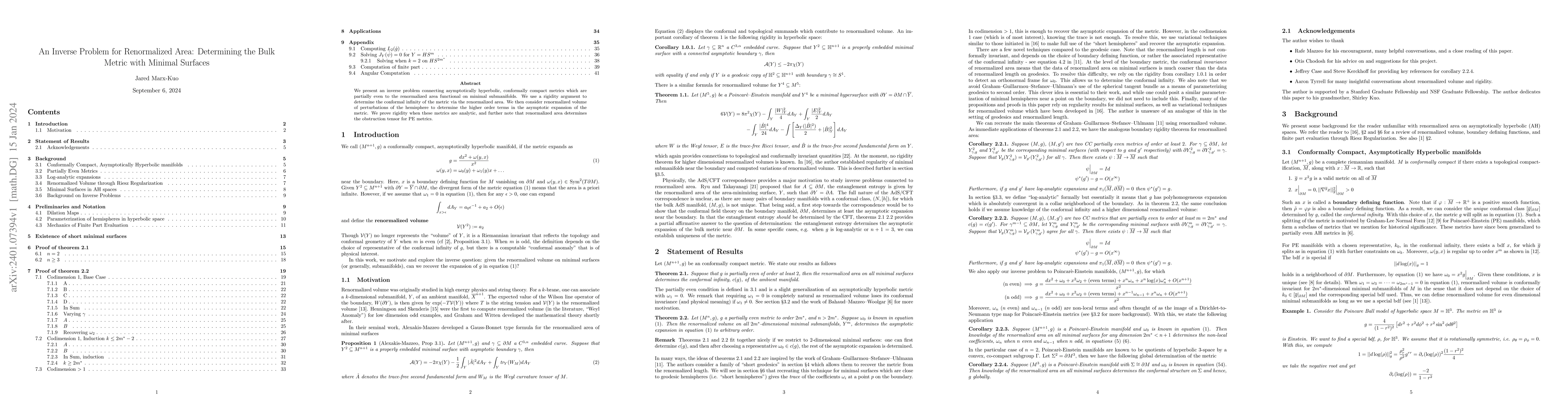 Thumbnail for An Inverse Problem for Renormalized Area: Determining the Bulk Metric
  with Minimal Surfaces
