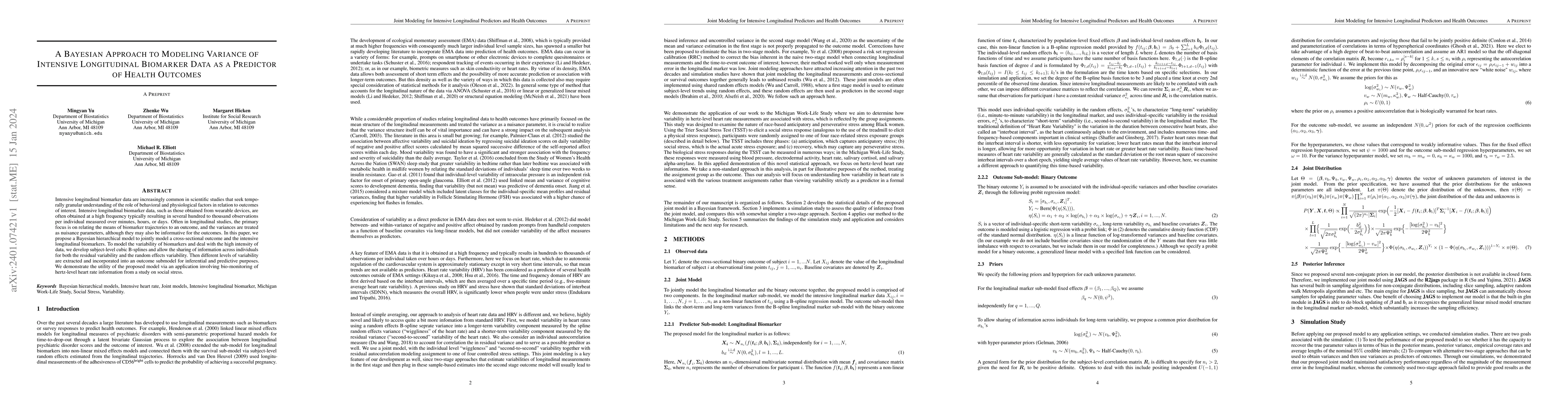 Thumbnail for A Bayesian Approach to Modeling Variance of Intensive Longitudinal
  Biomarker Data as a Predictor of Health Outcomes