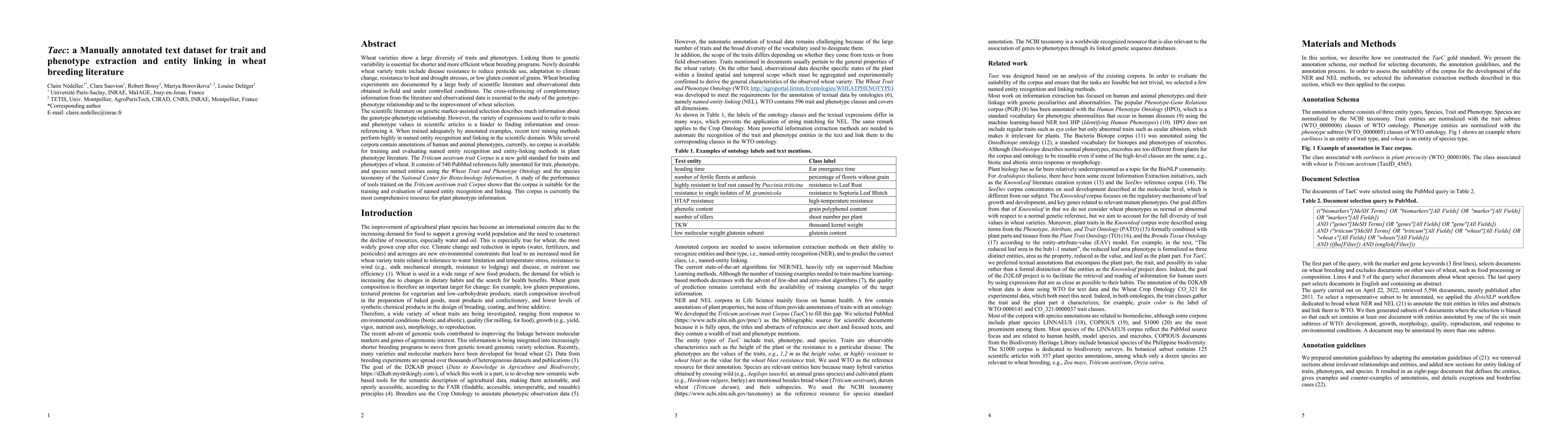Thumbnail for Taec: a Manually annotated text dataset for trait and phenotype
  extraction and entity linking in wheat breeding literature