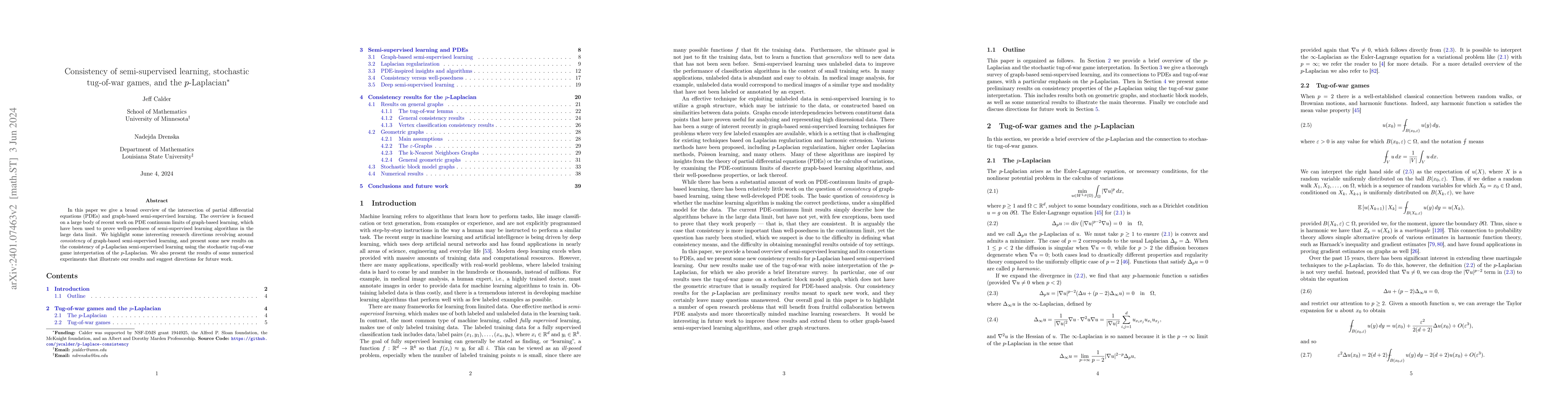 Thumbnail for Consistency of semi-supervised learning, stochastic tug-of-war games,
  and the p-Laplacian
