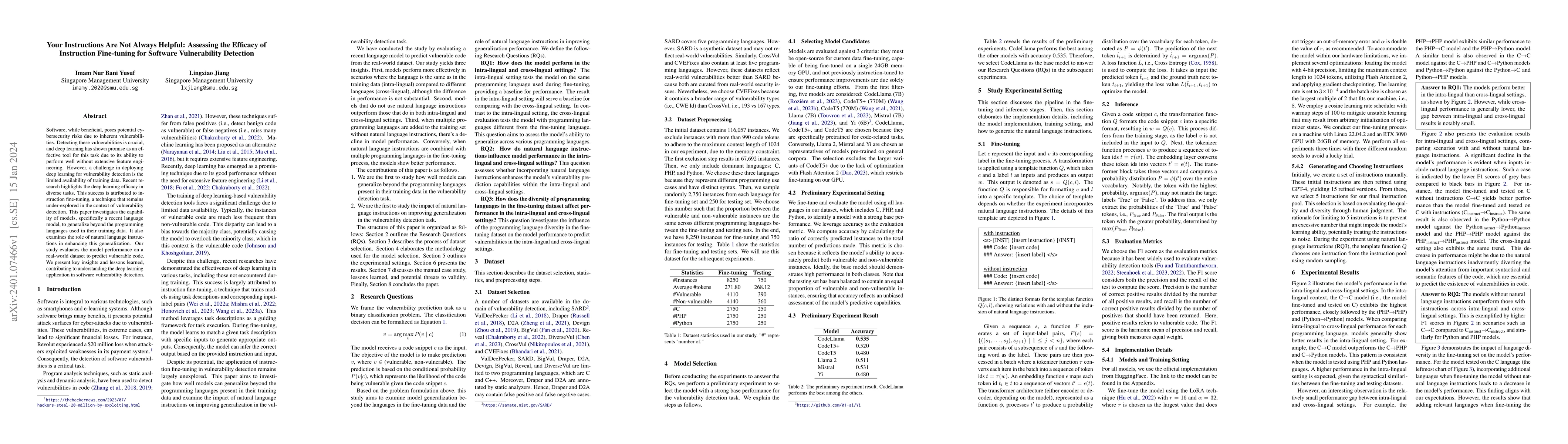 Thumbnail for Your Instructions Are Not Always Helpful: Assessing the Efficacy of
  Instruction Fine-tuning for Software Vulnerability Detection