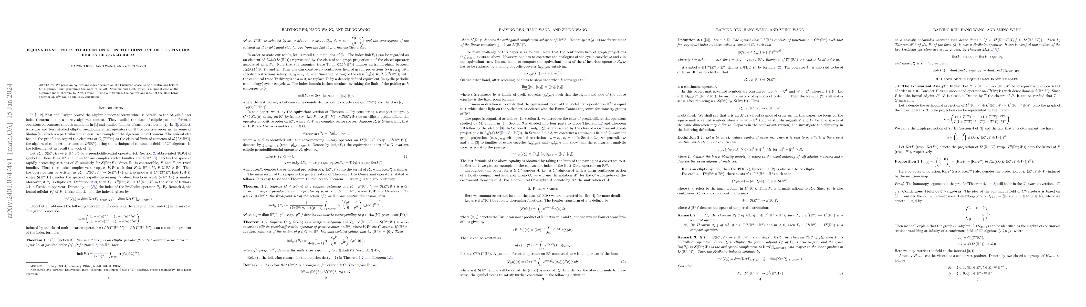 Thumbnail for Equivariant Index Theorem on $\mathbb{R}^n$ in the Context of Continuous
  Fields of $C^*$-algebras