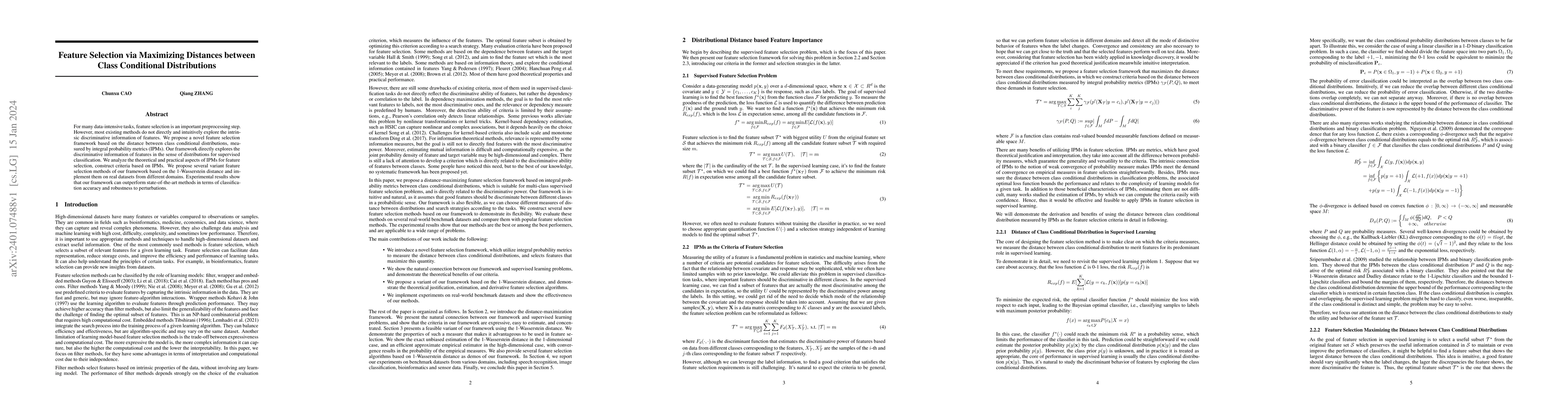 Thumbnail for Feature Selection via Maximizing Distances between Class Conditional
  Distributions