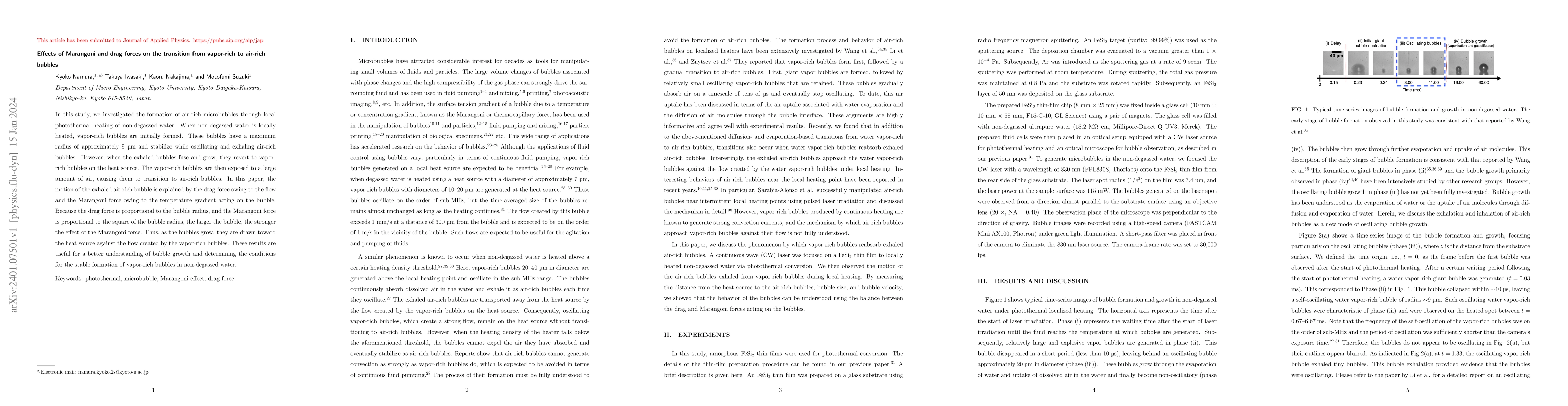 Thumbnail for Effects of Marangoni and drag forces on the transition from vapor-rich
  to air-rich bubbles