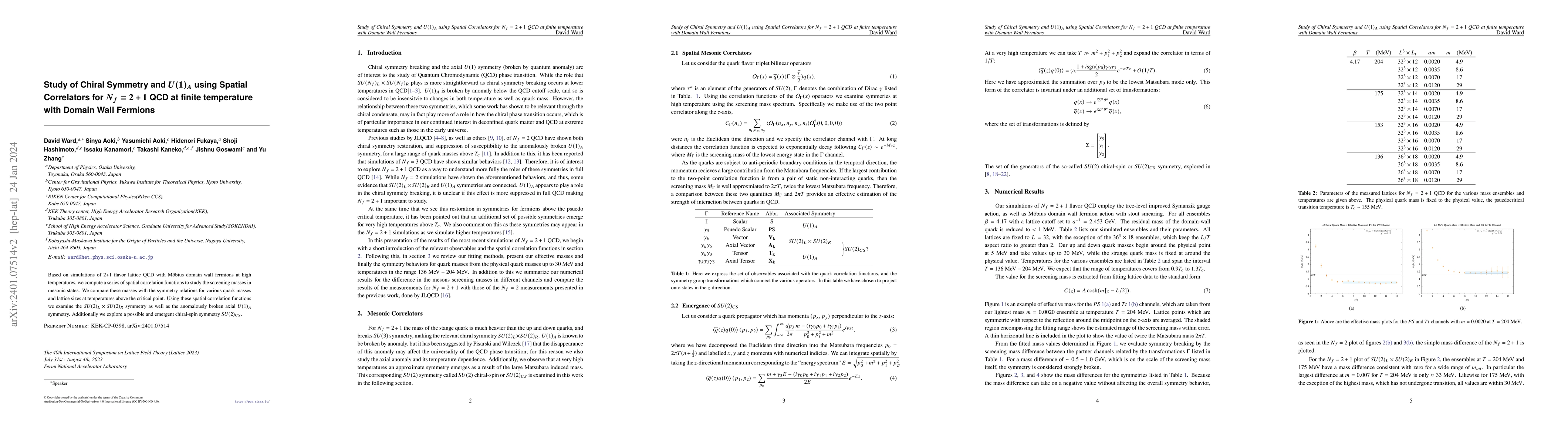Thumbnail for Study of Chiral Symmetry and $U(1)_A$ using Spatial Correlators for
  $N_f=2+1$ QCD at finite temperature with Domain Wall Fermions