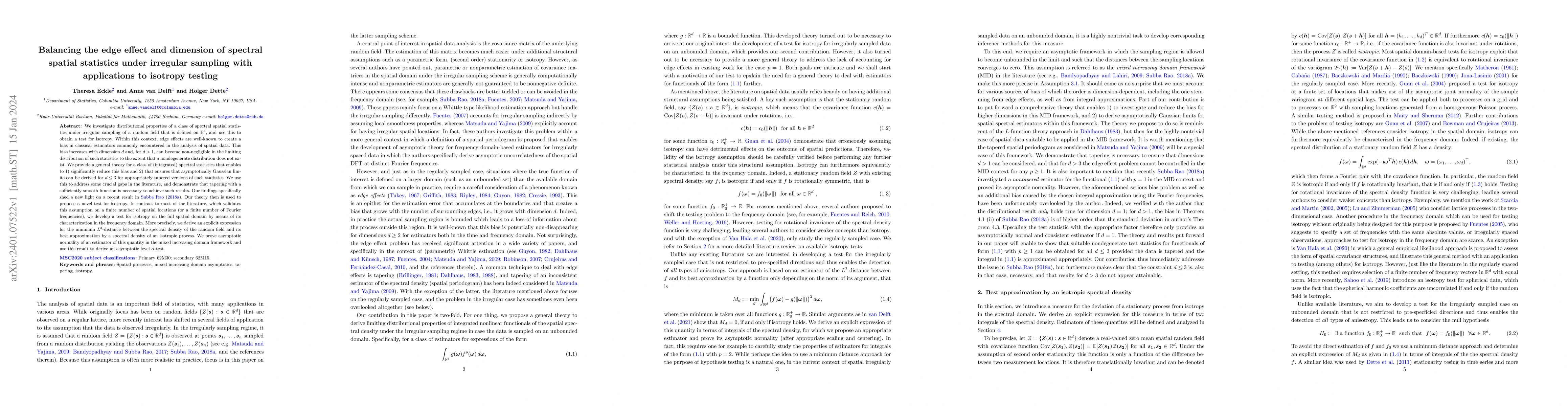 Thumbnail for Balancing the edge effect and dimension of spectral spatial statistics
  under irregular sampling with applications to isotropy testing