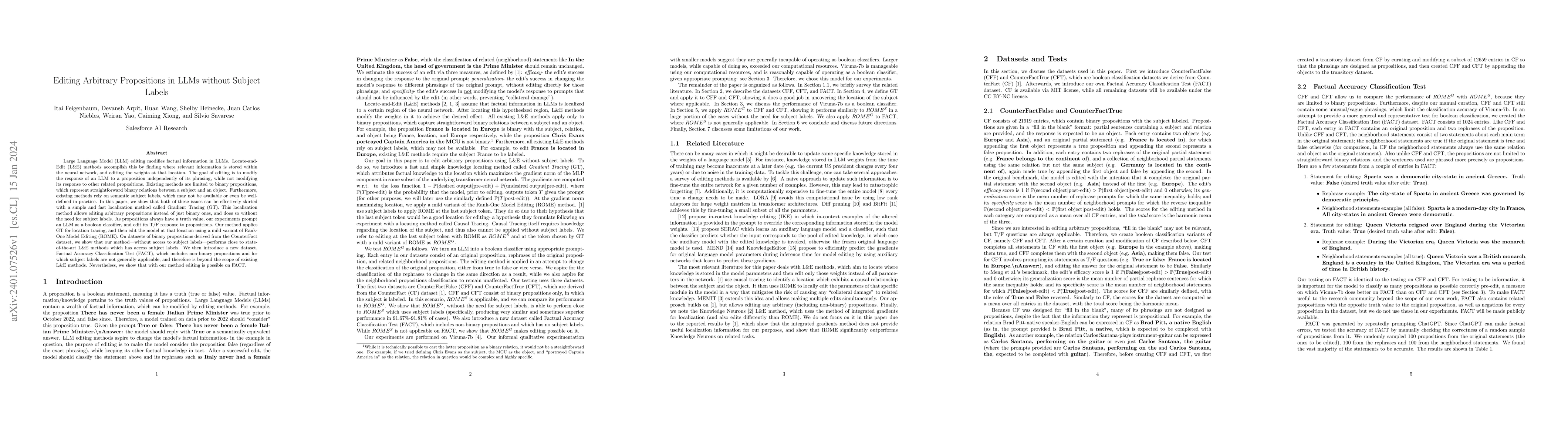 Thumbnail for Editing Arbitrary Propositions in LLMs without Subject Labels