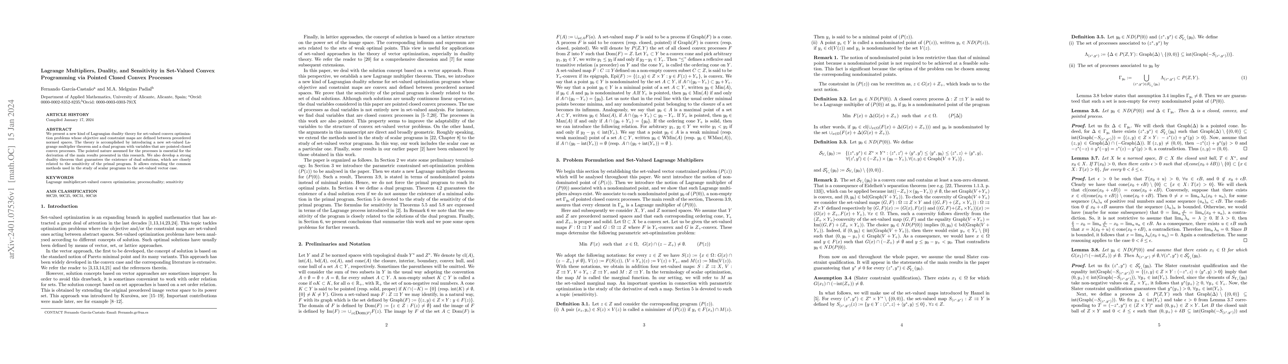 Thumbnail for Lagrange Multipliers, Duality, and Sensitivity in Set-Valued Convex
  Programming via Pointed Closed Convex Processes