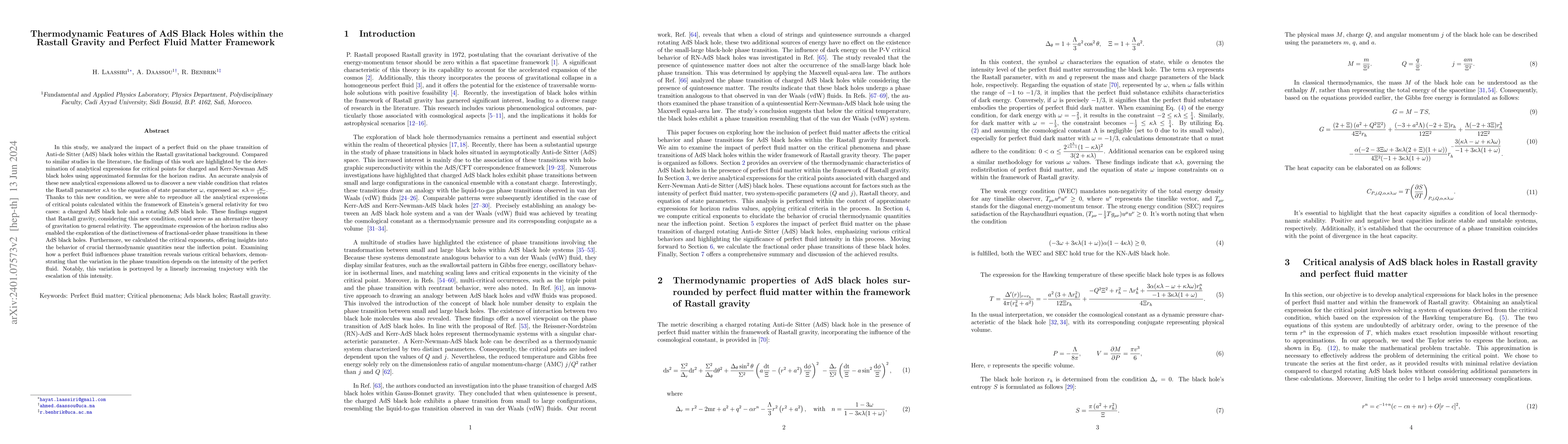 Thumbnail for Thermodynamic features of AdS black holes within the Rastall gravity and
  perfect fluid matter framework