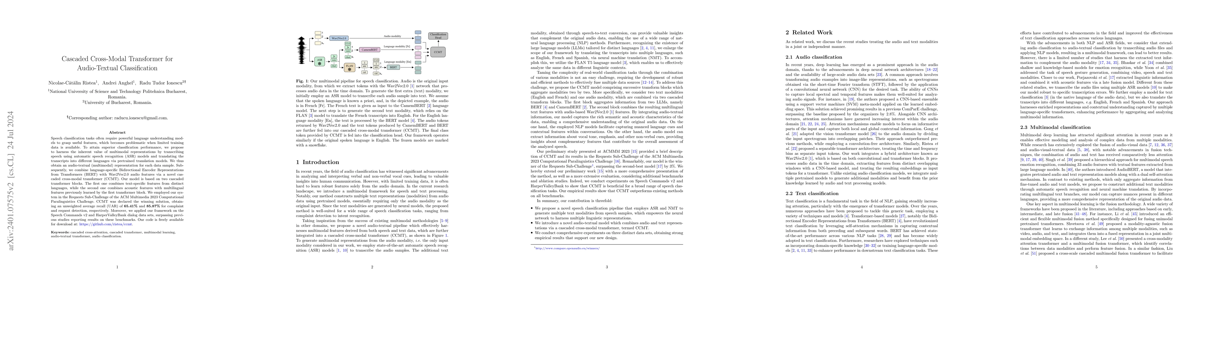 Thumbnail for Cascaded Cross-Modal Transformer for Audio-Textual Classification