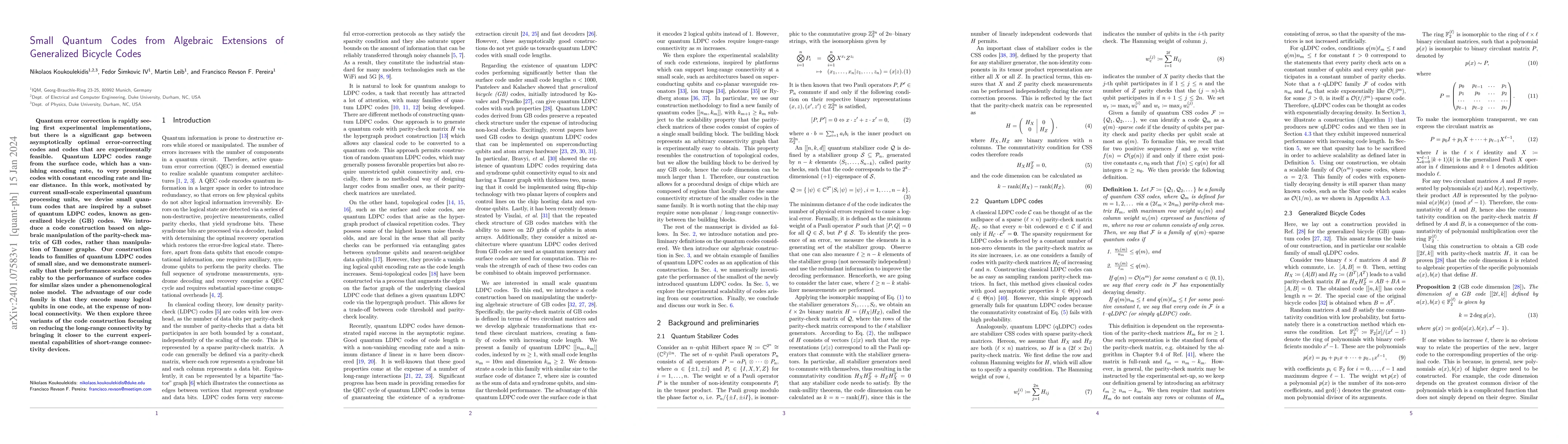 Thumbnail for Small Quantum Codes from Algebraic Extensions of Generalized Bicycle
  Codes