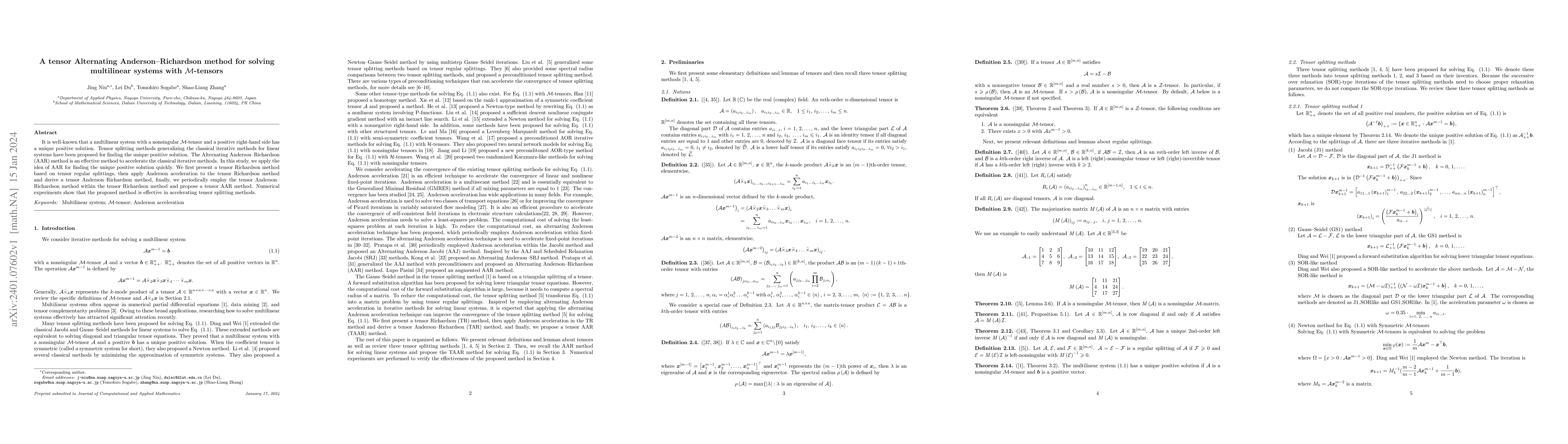 Thumbnail for A tensor Alternating Anderson-Richardson method for solving multilinear
  systems with M-tensors