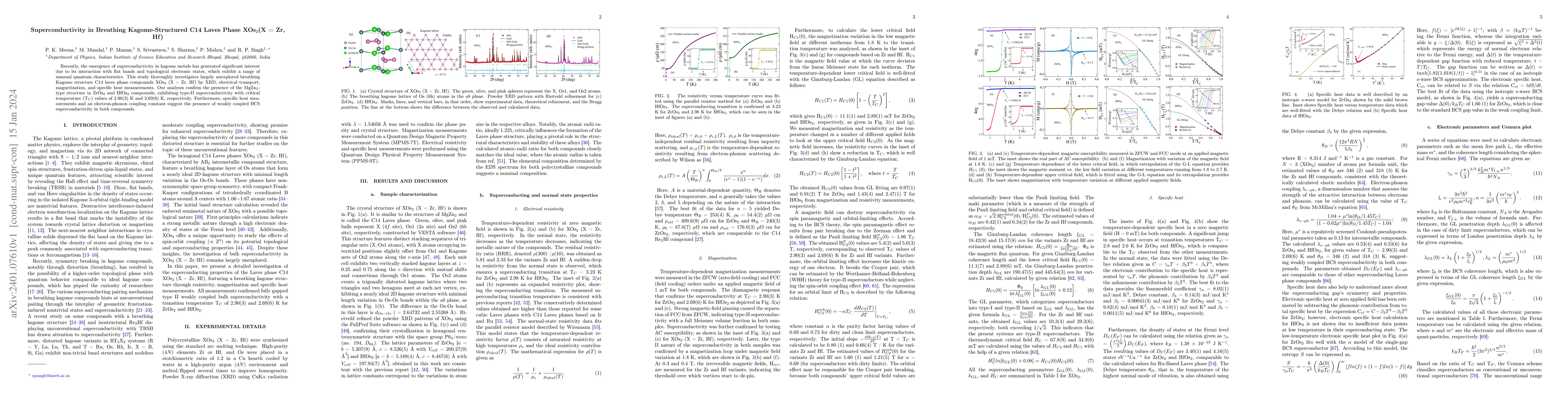 Thumbnail for Superconductivity in Breathing Kagome-Structured C14 Laves Phase XOs2(X
  = Zr, Hf)