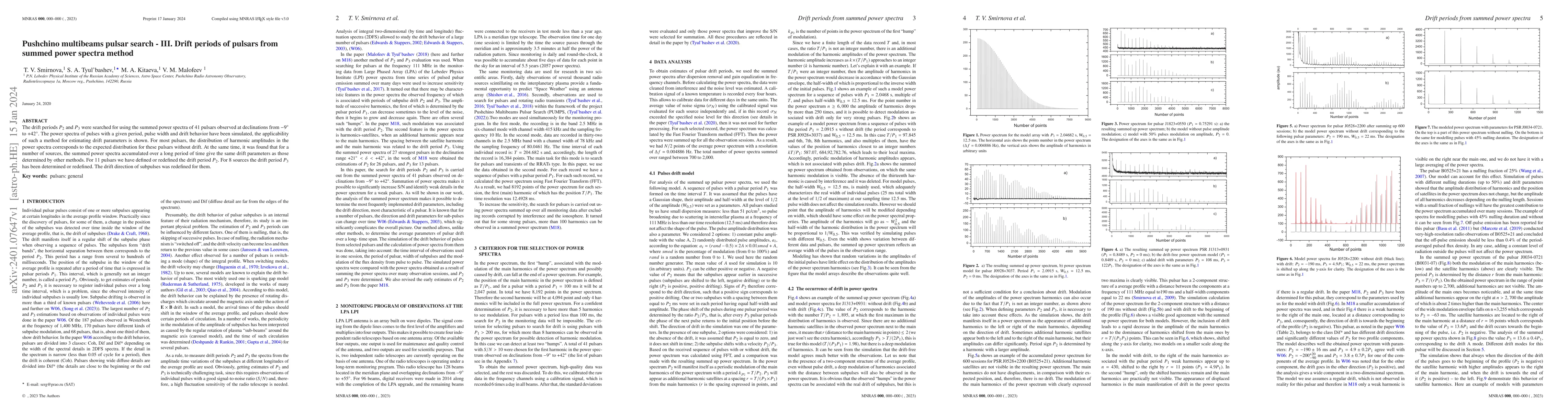 Thumbnail for Pushchino multibeams pulsar search -- III. Drift periods of pulsars from
  summed power spectra method