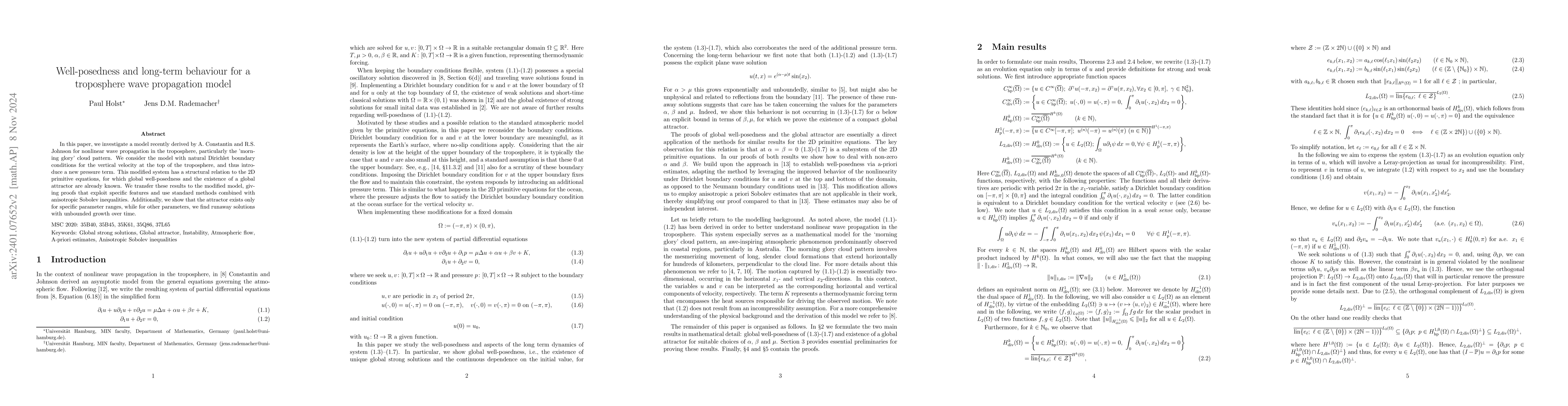 Thumbnail for Global well posedness of leading order equations for nonlinear wave
  propagation in the troposphere