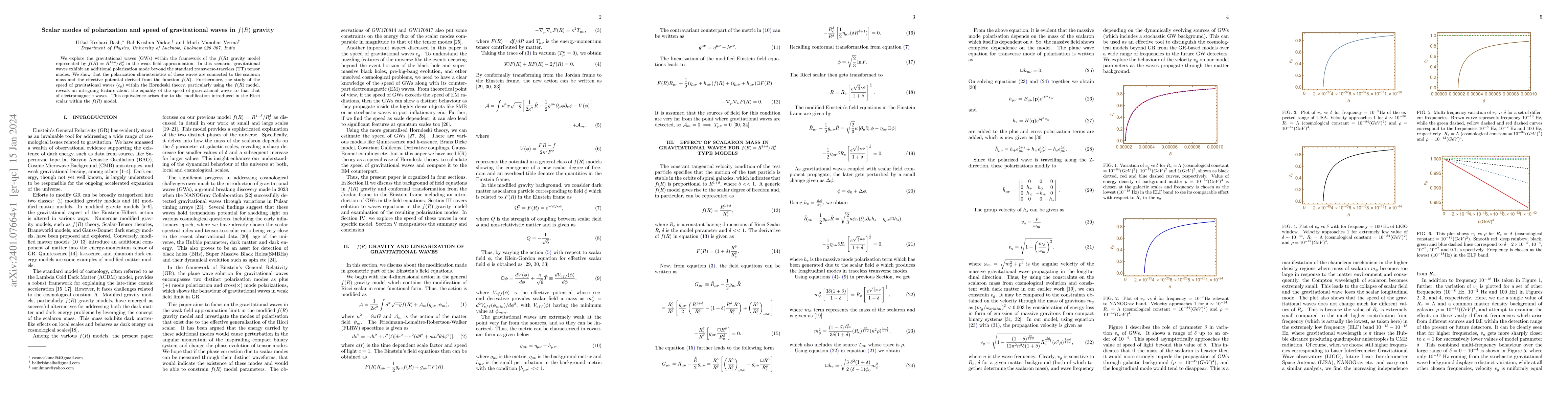 Thumbnail for Scalar modes of polarization and speed of gravitational waves in $f(R)$
  gravity