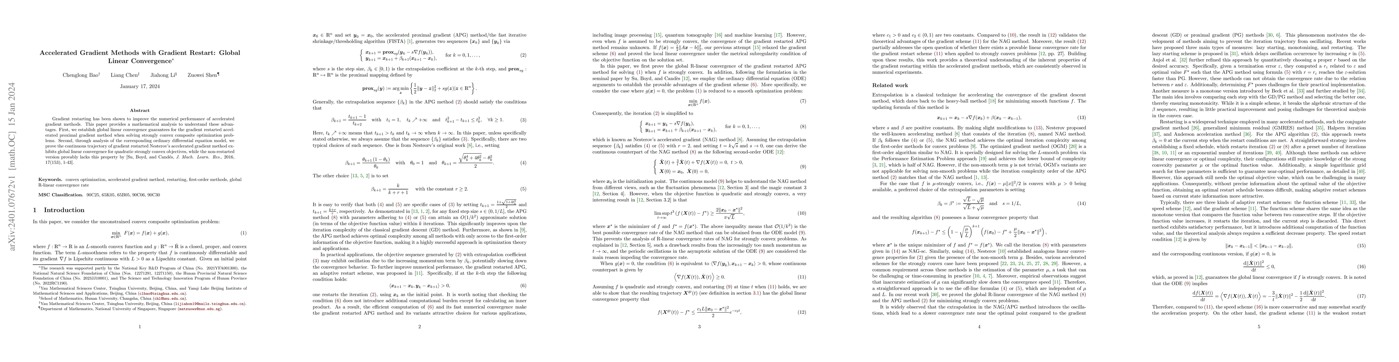 Thumbnail for Accelerated Gradient Methods with Gradient Restart: Global Linear
  Convergence