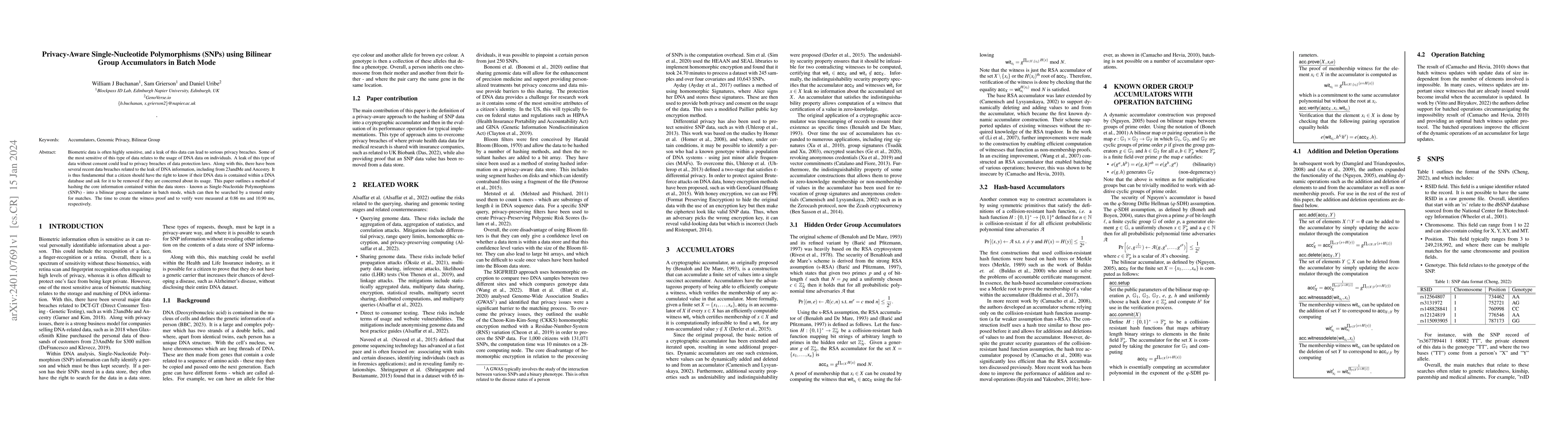 Thumbnail for Privacy-Aware Single-Nucleotide Polymorphisms (SNPs) using Bilinear
  Group Accumulators in Batch Mode