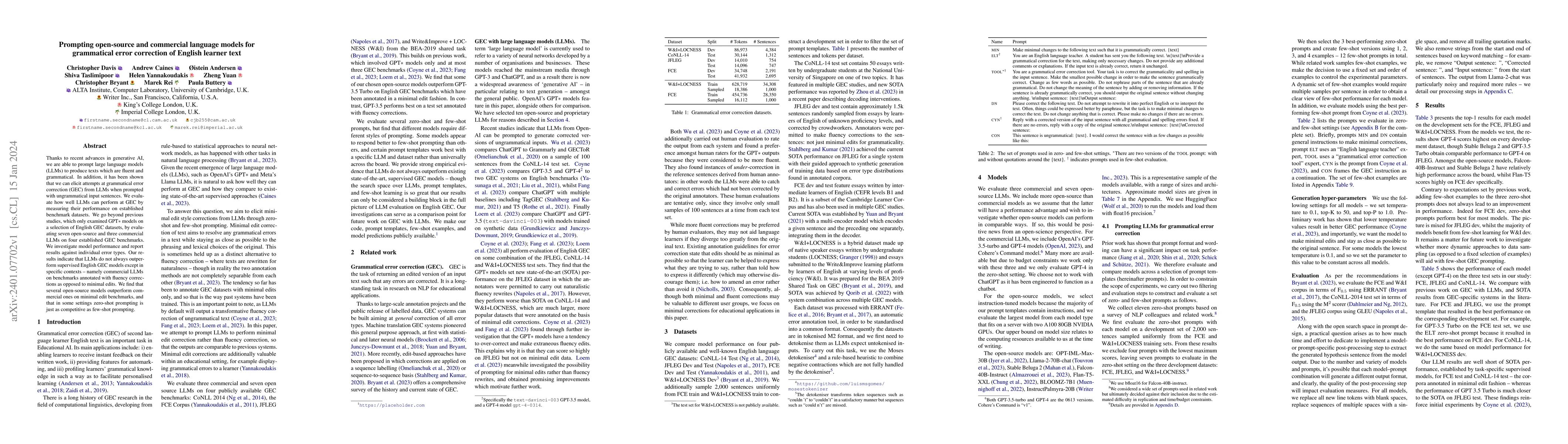 Thumbnail for Prompting open-source and commercial language models for grammatical
  error correction of English learner text