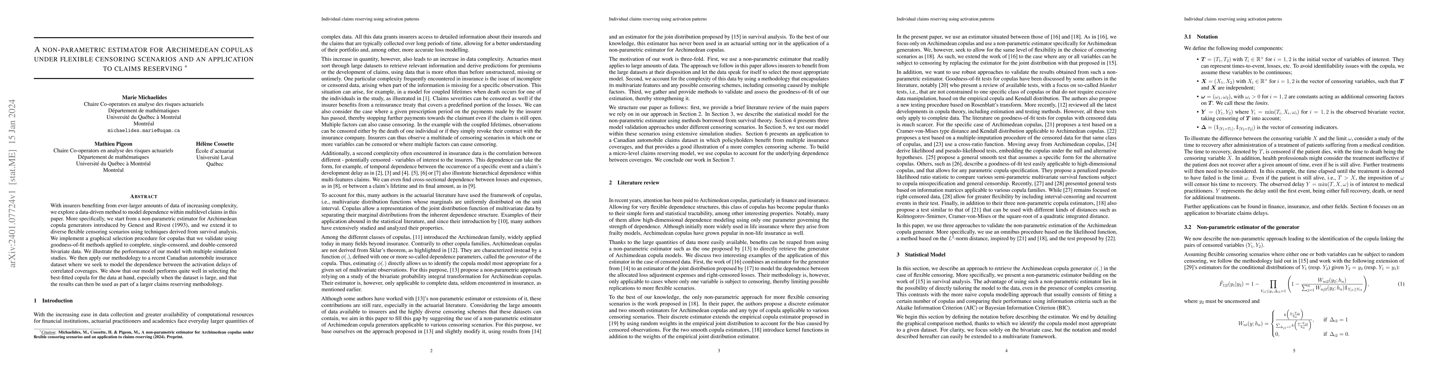 Thumbnail for A non-parametric estimator for Archimedean copulas under flexible
  censoring scenarios and an application to claims reserving