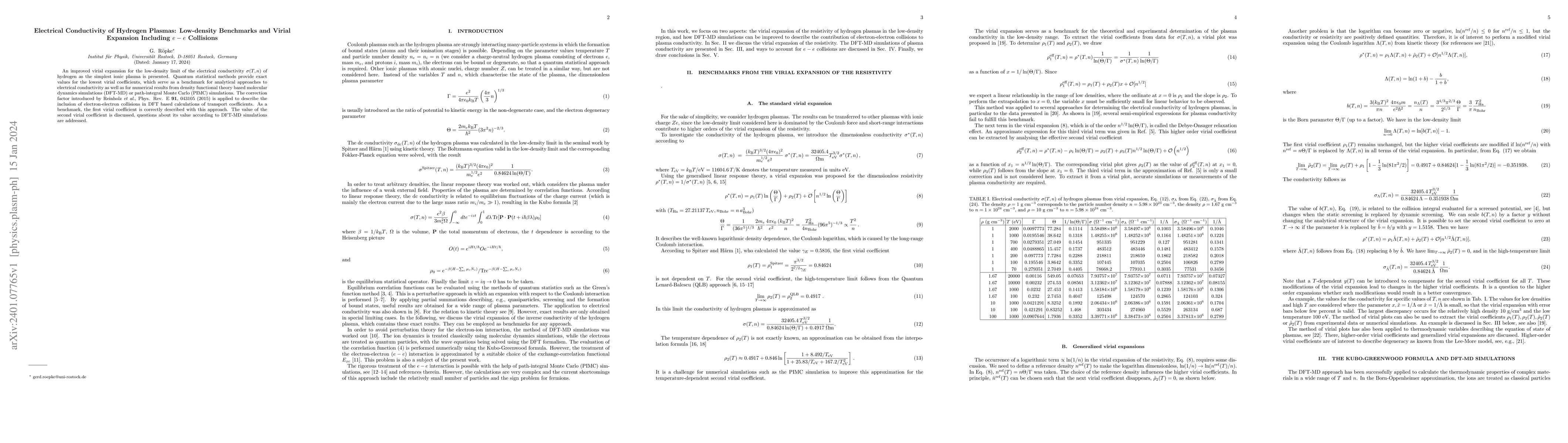 Thumbnail for Electrical Conductivity of Hydrogen Plasmas: Low-density Benchmarks and
  Virial Expansion Including $e-e$ Collisions