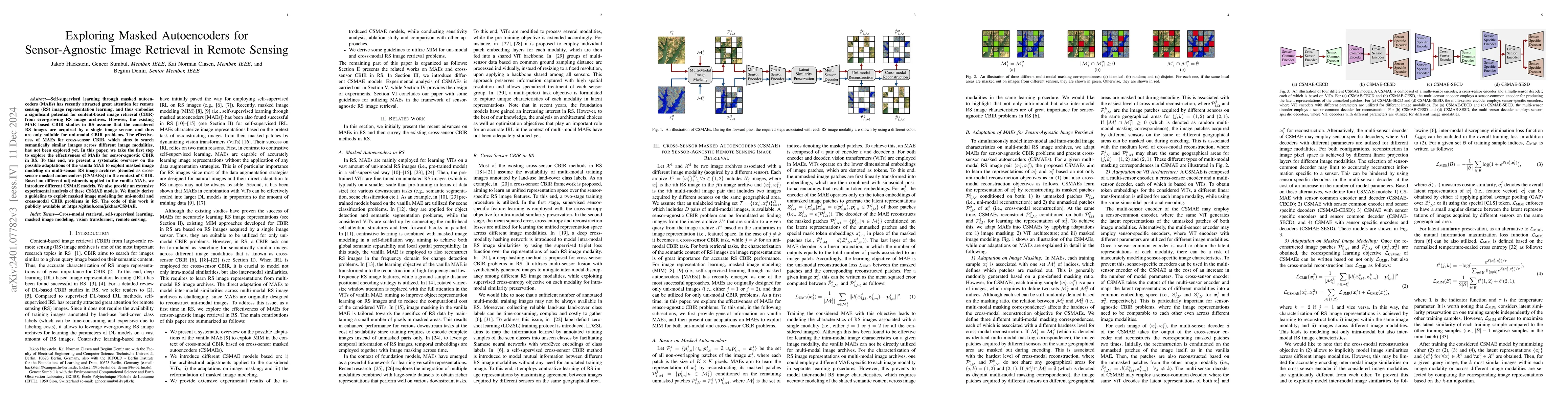 Thumbnail for Exploring Masked Autoencoders for Sensor-Agnostic Image Retrieval in
  Remote Sensing