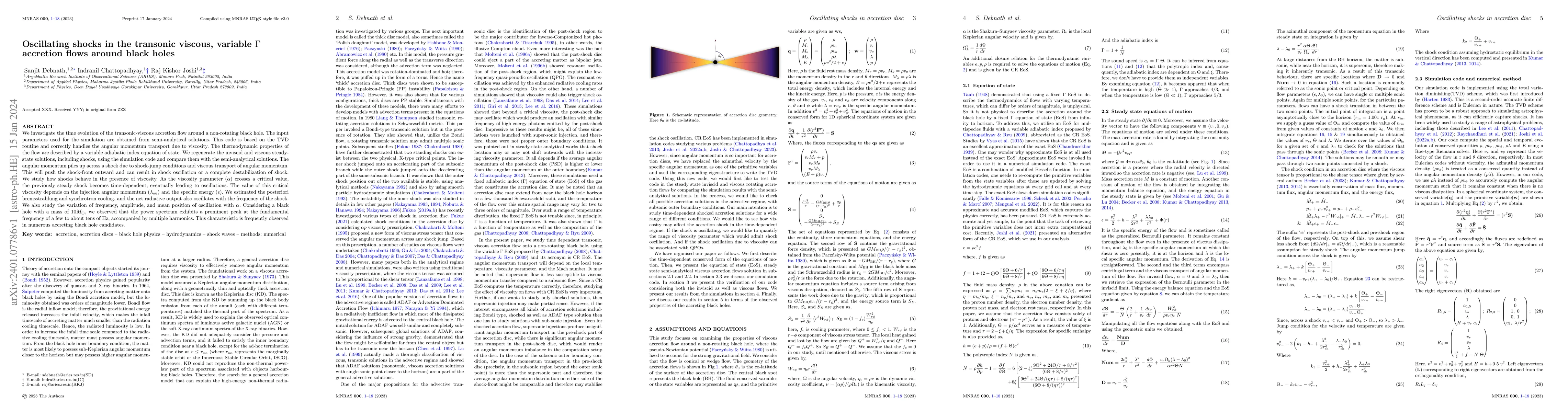 Thumbnail for Oscillating shocks in the transonic, viscous, variable $\Gamma$,
  accretion flows around black holes