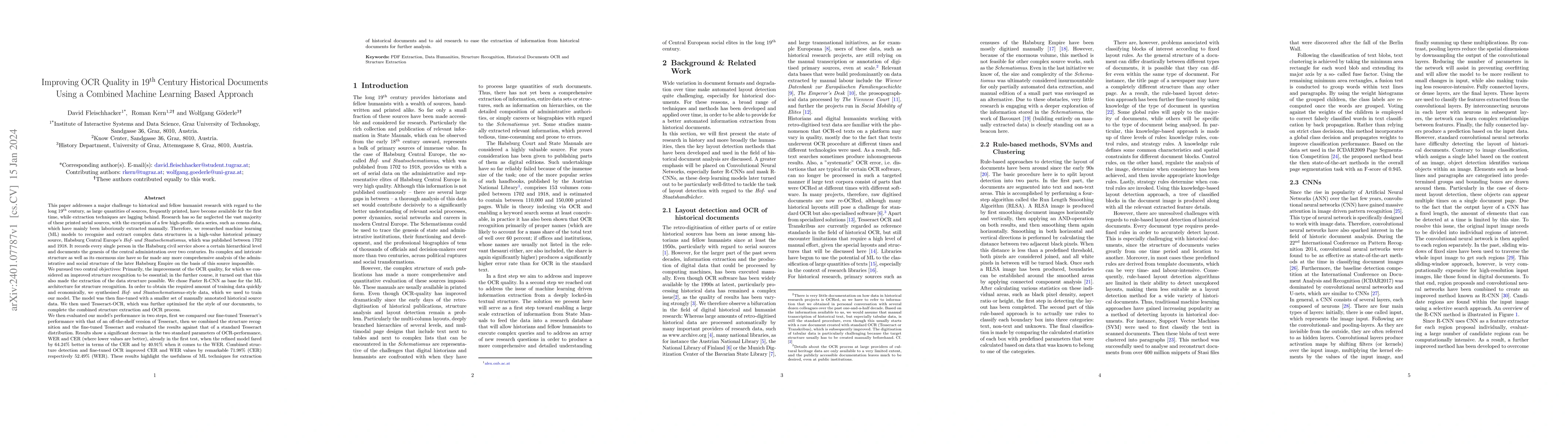 Thumbnail for Improving OCR Quality in 19th Century Historical Documents Using a
  Combined Machine Learning Based Approach