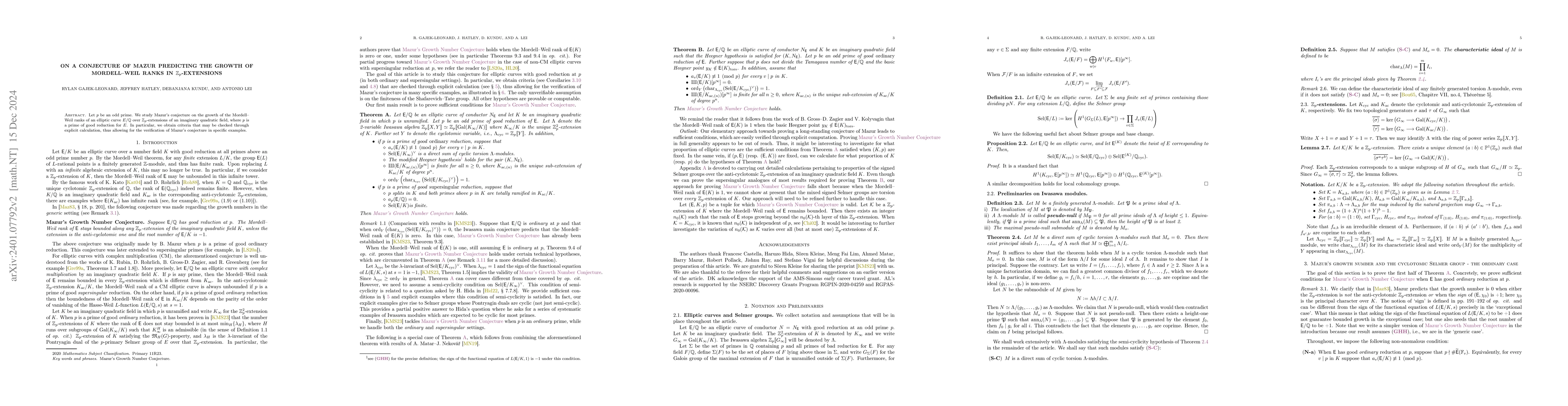 Thumbnail for On a conjecture of Mazur predicting the growth of Mordell--Weil ranks in
  $\mathbb{Z}_p$-extensions