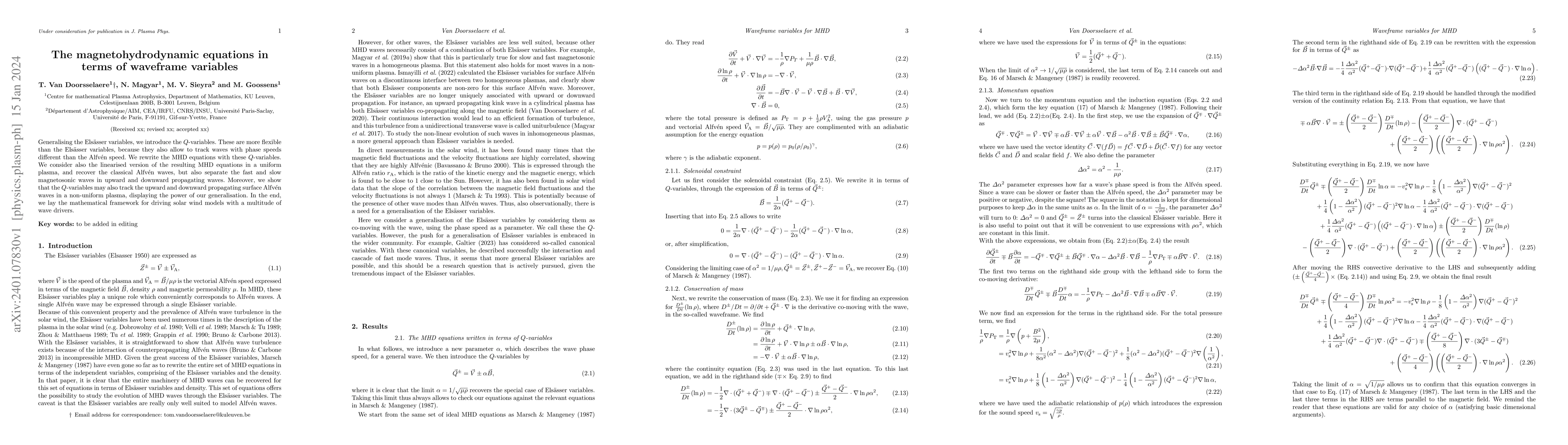 Thumbnail for The magnetohydrodynamic equations in terms of waveframe variables