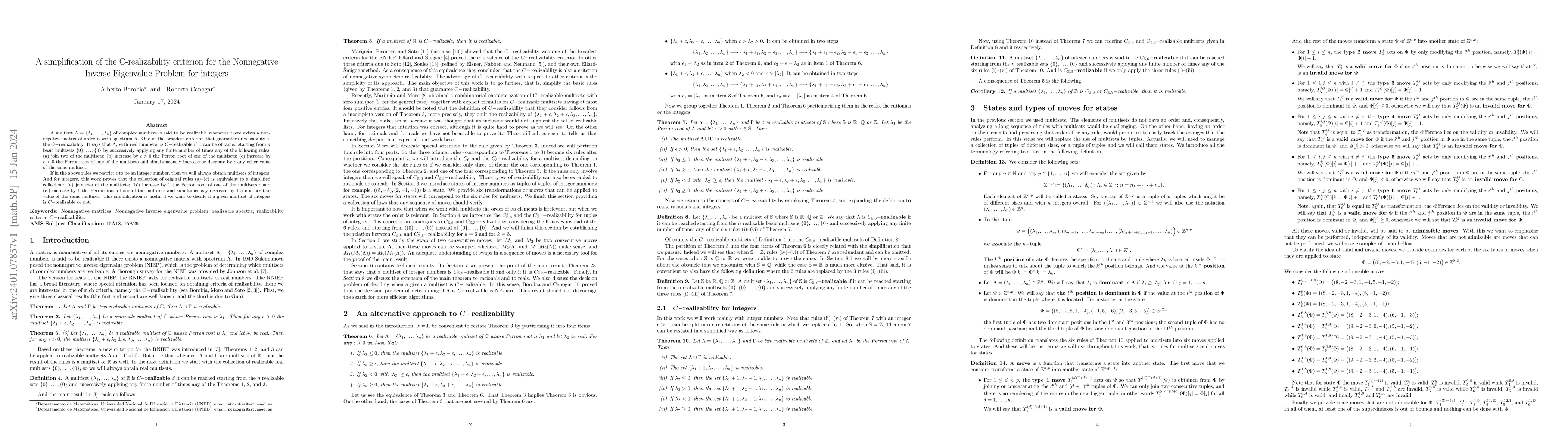 Thumbnail for A simplification of the C-realizability criterion for the Nonnegative
  Inverse Eigenvalue Problem for integers