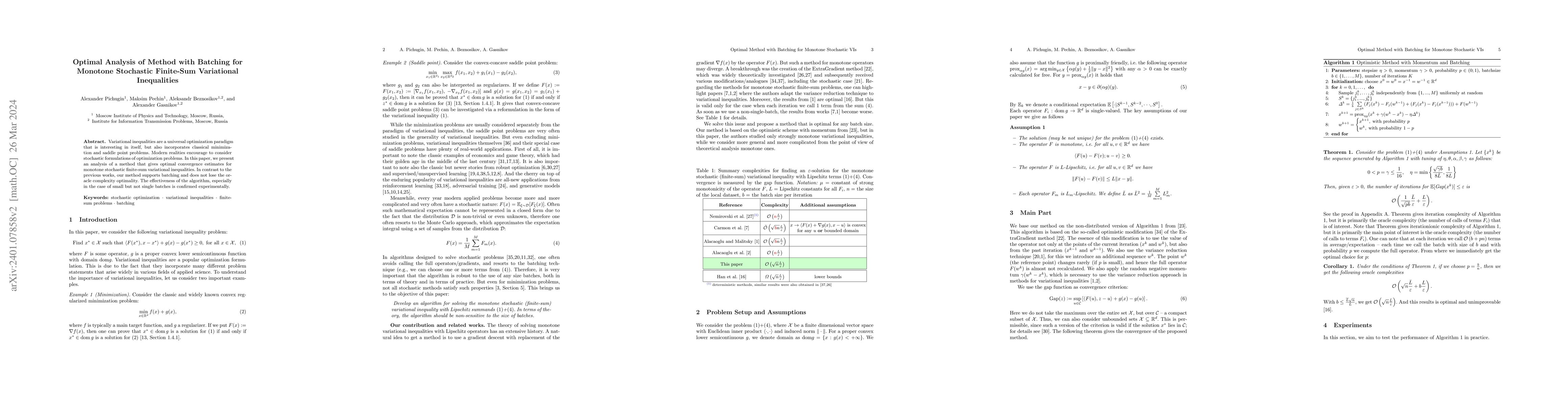 Thumbnail for Optimal Analysis of Method with Batching for Monotone Stochastic
  Finite-Sum Variational Inequalities