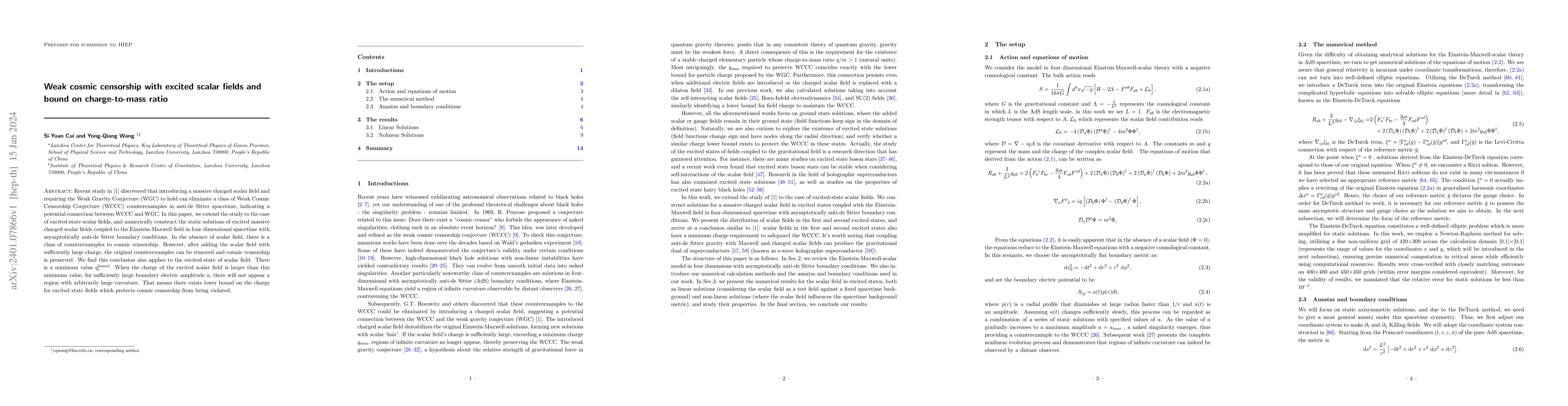 Thumbnail for Weak cosmic censorship with excited scalar fields and bound on
  charge-to-mass ratio