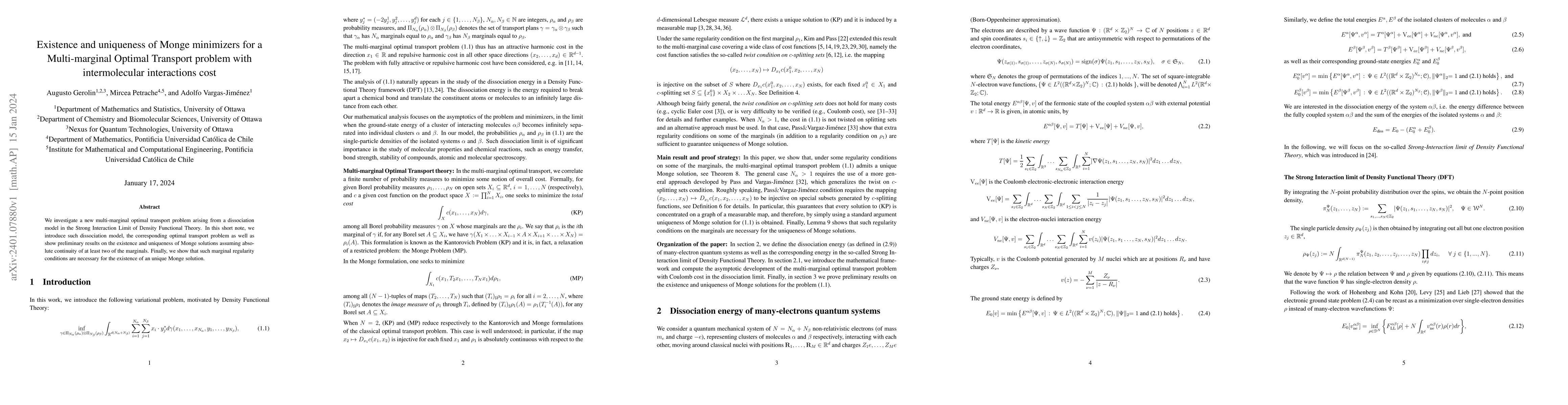 Thumbnail for Existence and uniqueness of Monge minimizers for a Multi-marginal
  Optimal Transport problem with intermolecular interactions cost