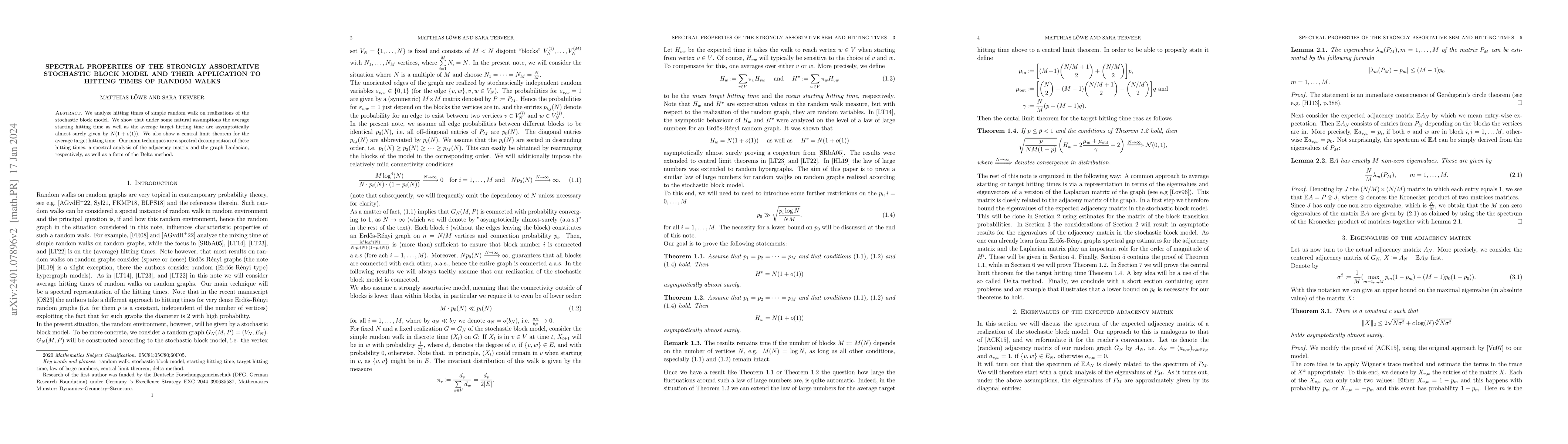 Thumbnail for Spectral properties of the strongly assortative stochastic block model
  and their application to hitting times of random walks