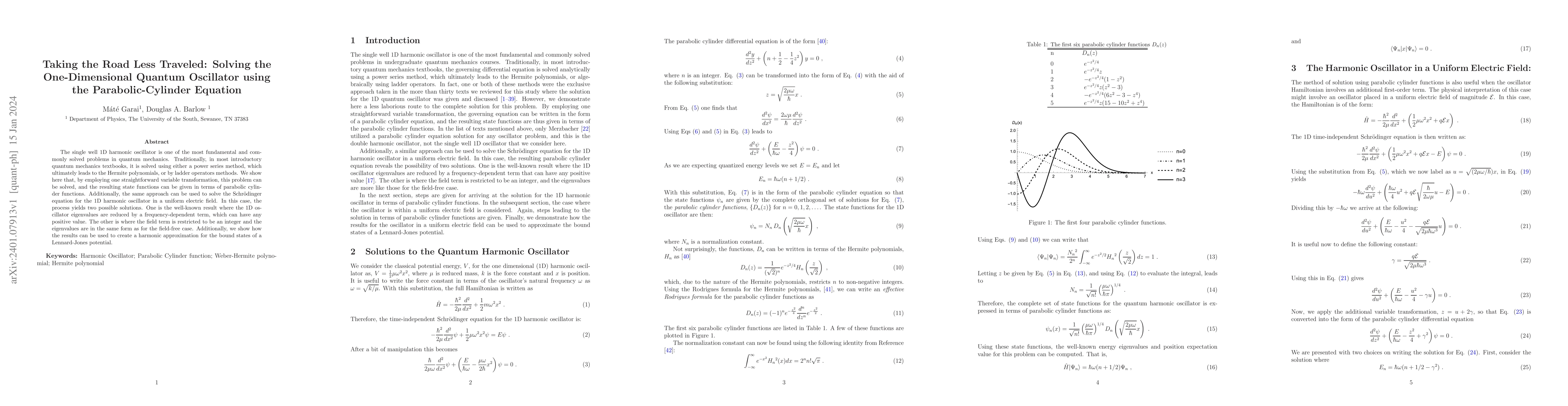 Thumbnail for Taking the Road Less Traveled: Solving the One-Dimensional Quantum
  Oscillator using the Parabolic-Cylinder Equation