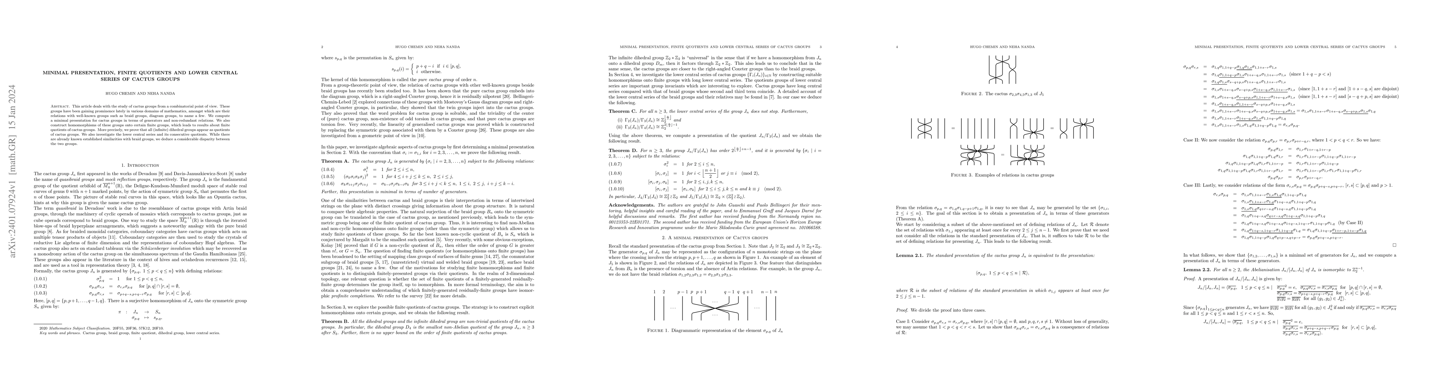 Thumbnail for Minimal presentation, finite quotients and lower central series of
  cactus groups
