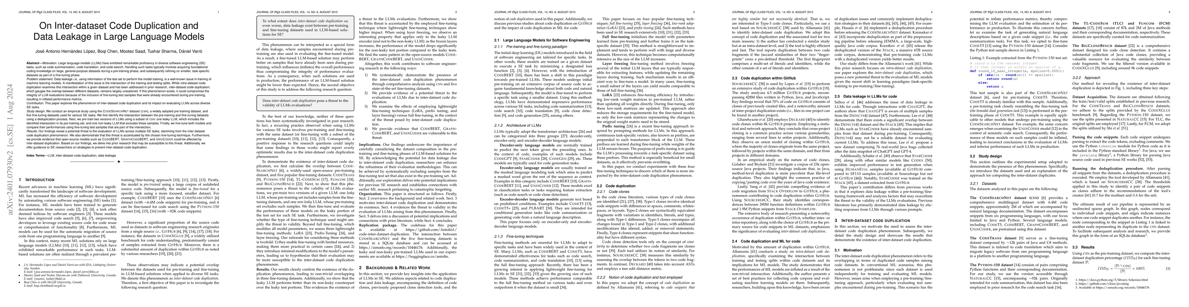 Thumbnail for On Inter-dataset Code Duplication and Data Leakage in Large Language
  Models