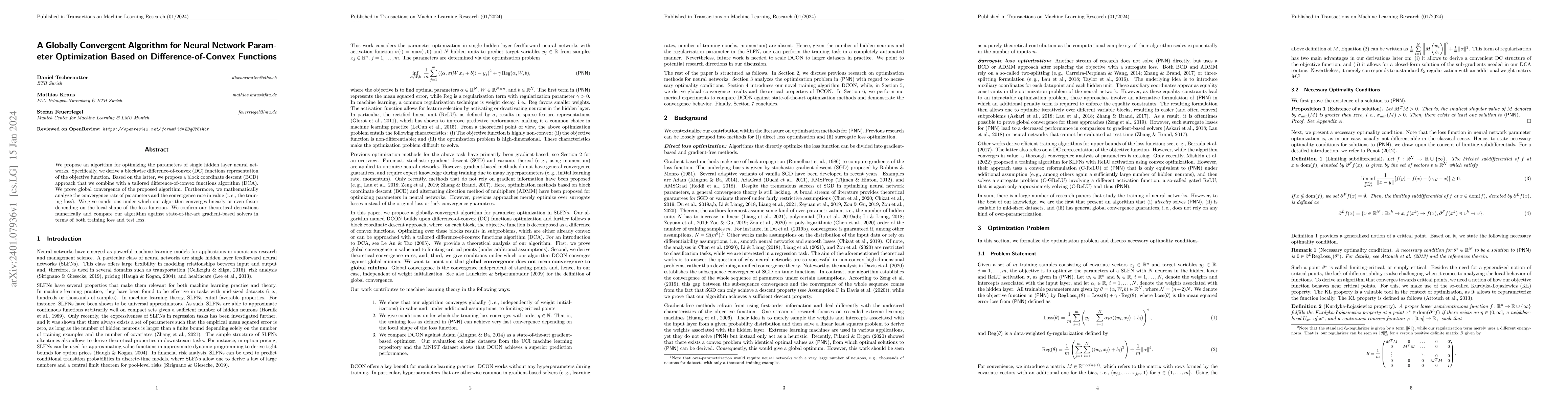 Thumbnail for A Globally Convergent Algorithm for Neural Network Parameter
  Optimization Based on Difference-of-Convex Functions
