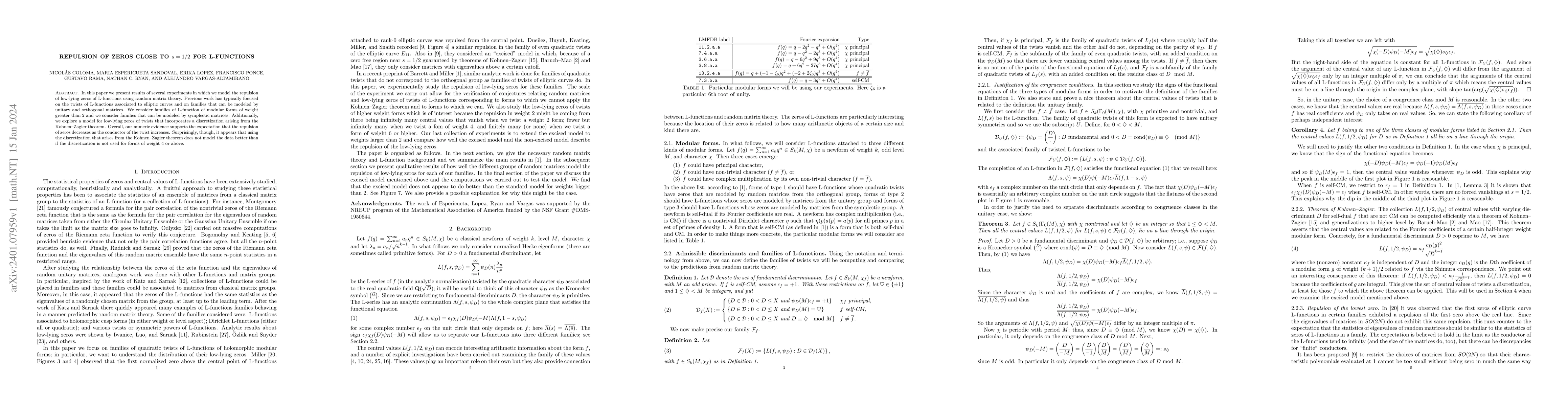 Thumbnail for Repulsion of zeros close to $s=1/2$ for L-functions