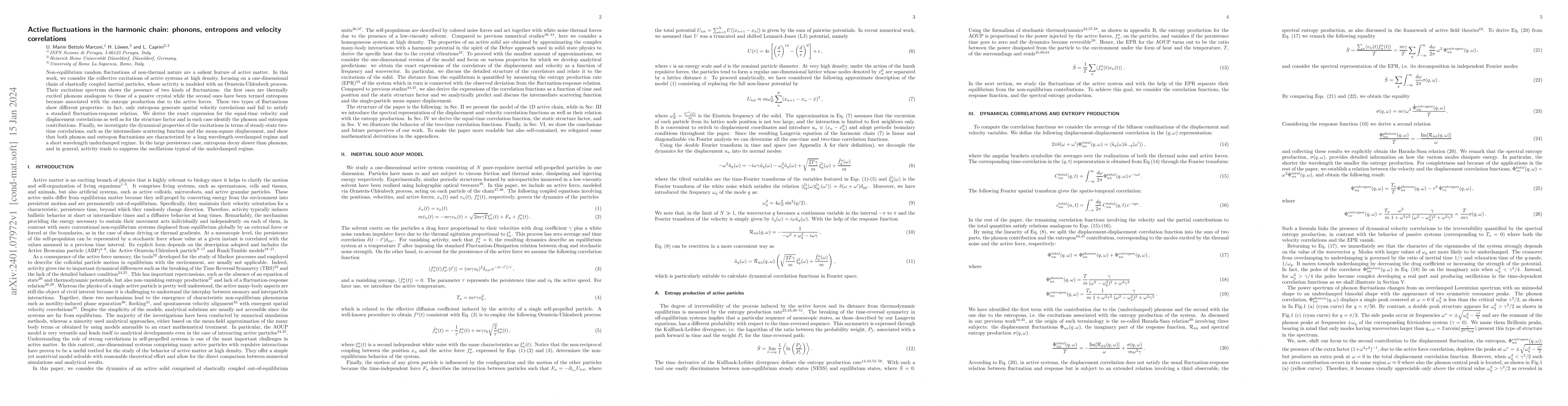 Thumbnail for Active fluctuations in the harmonic chain: phonons, entropons and
  velocity correlations