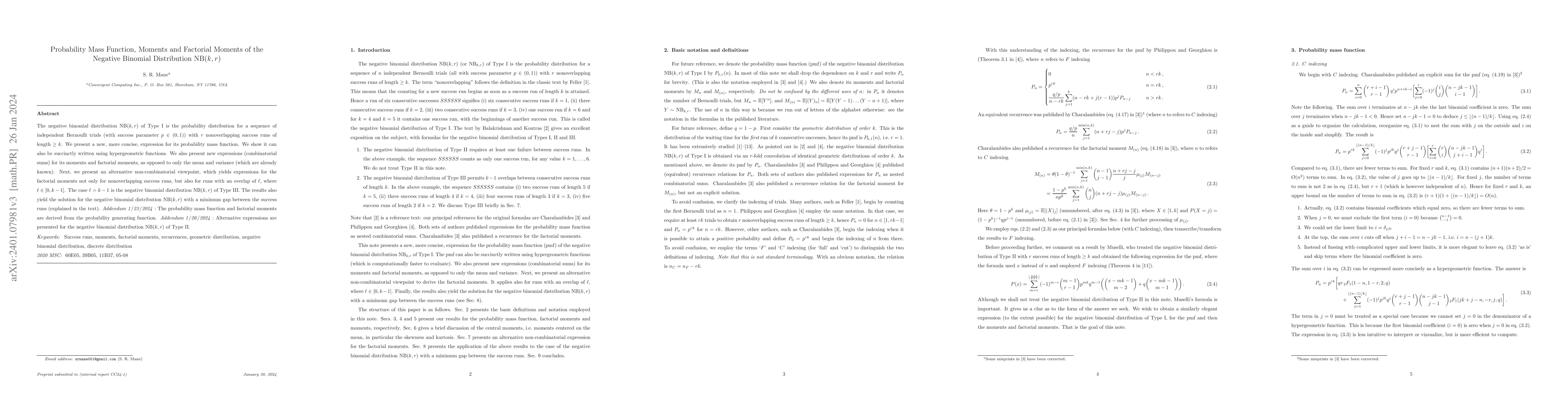 Thumbnail for Probability Mass Function, Moments and Factorial Moments of the Negative
  Binomial Distribution NB$(k,r)$