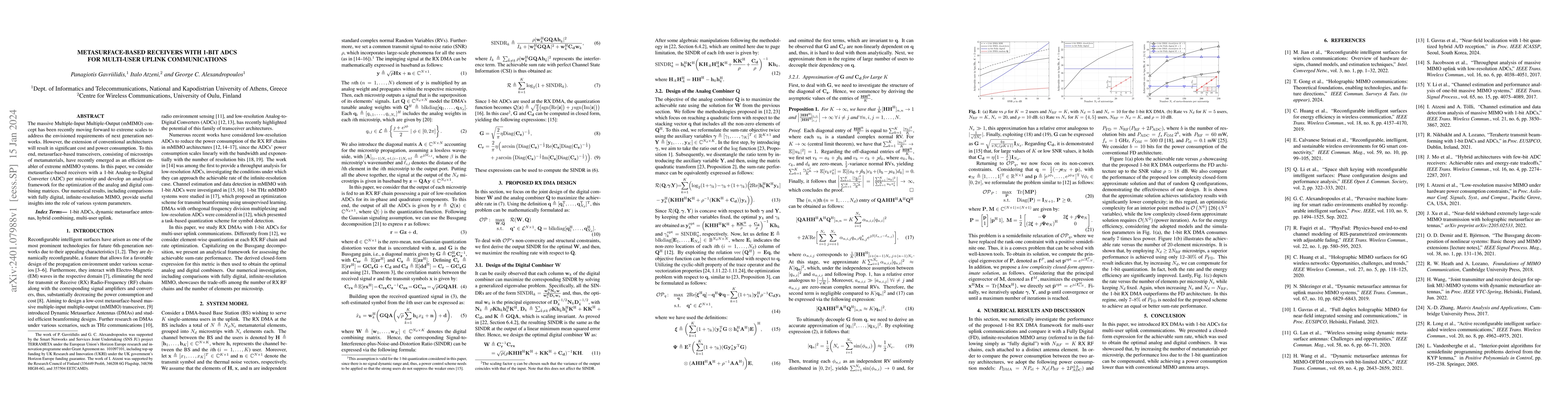 Thumbnail for Metasurface-Based Receivers with $1$-bit ADCs for Multi-User Uplink
  Communications