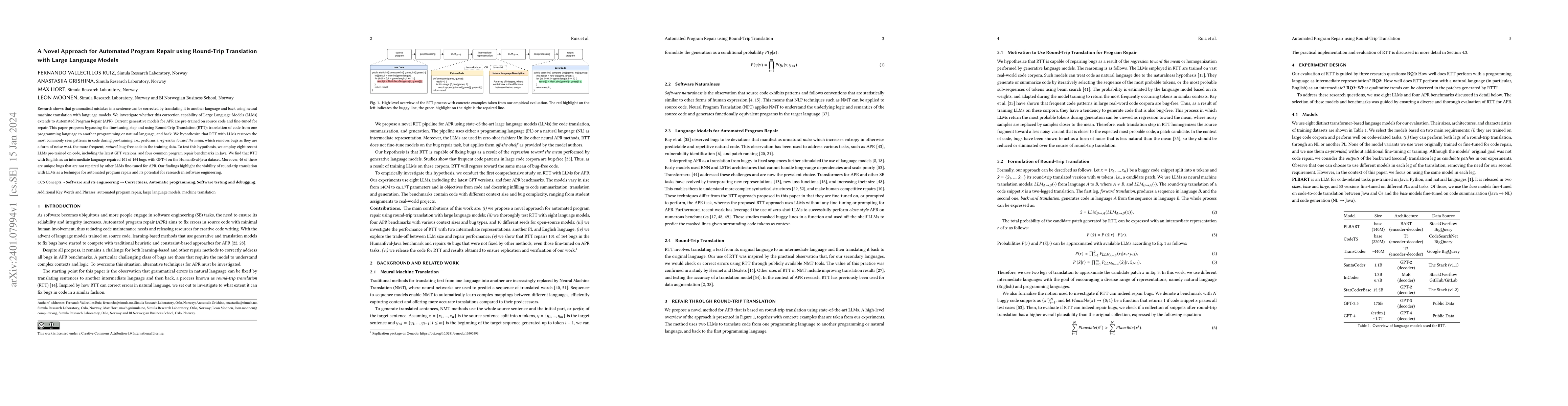 Thumbnail for A Novel Approach for Automatic Program Repair using Round-Trip
  Translation with Large Language Models