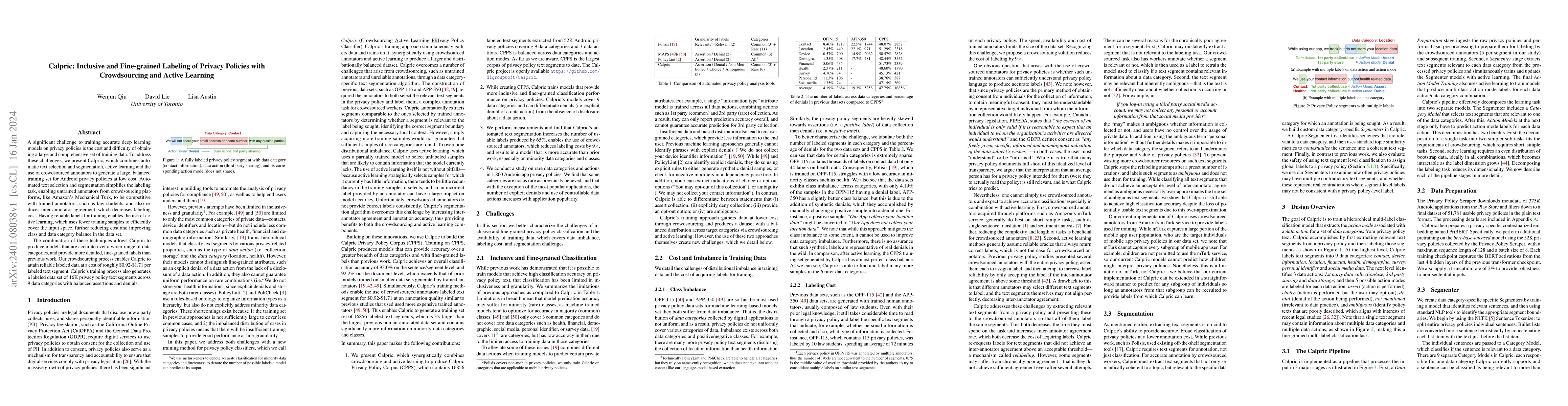 Thumbnail for Calpric: Inclusive and Fine-grain Labeling of Privacy Policies with
  Crowdsourcing and Active Learning