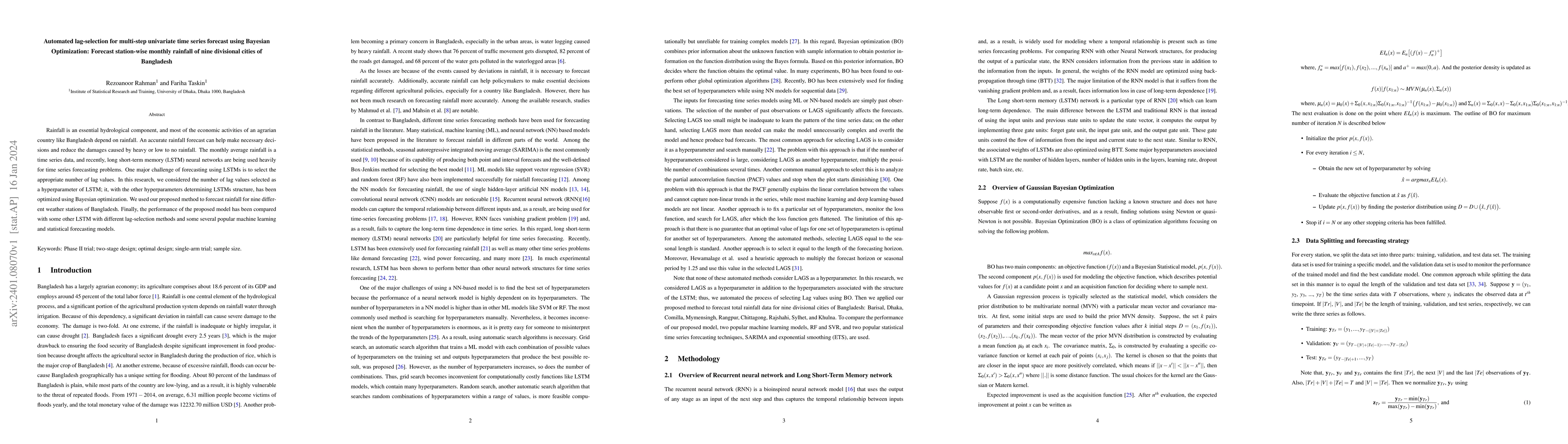 Thumbnail for Automated lag-selection for multi-step univariate time series forecast
  using Bayesian Optimization: Forecast station-wise monthly rainfall of nine
  divisional cities of Bangladesh