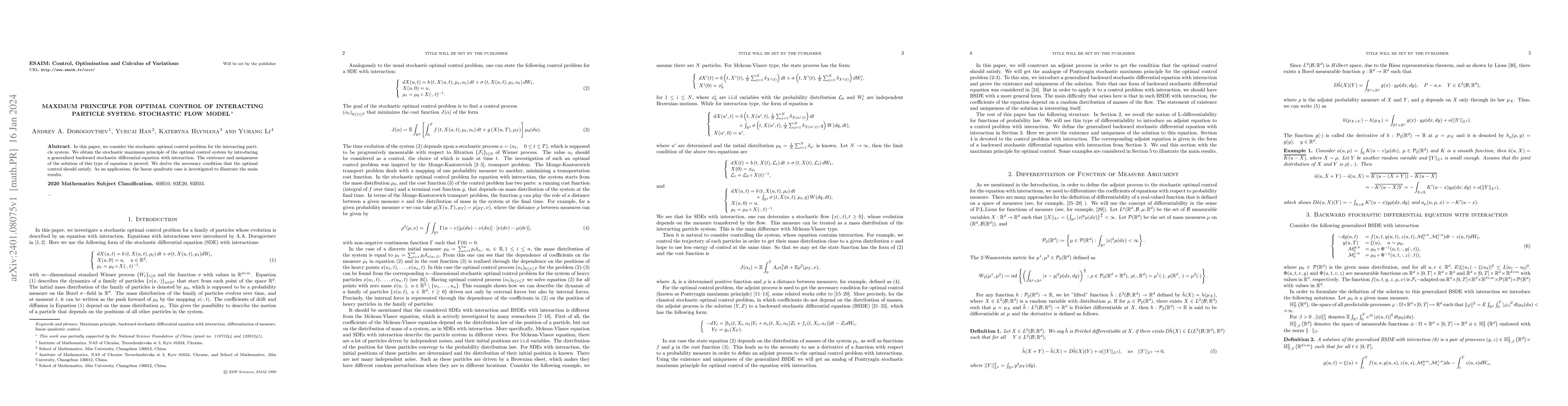 Thumbnail for Maximum principle for optimal control of interacting particle system:
  stochastic flow model