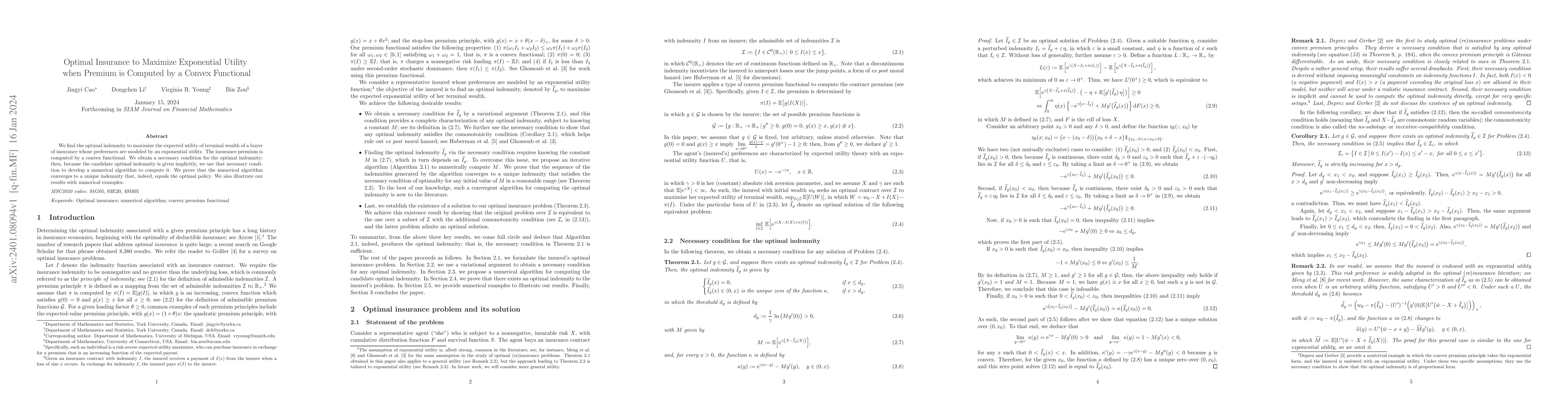 Thumbnail for Optimal Insurance to Maximize Exponential Utility when Premium is
  Computed by a Convex Functional